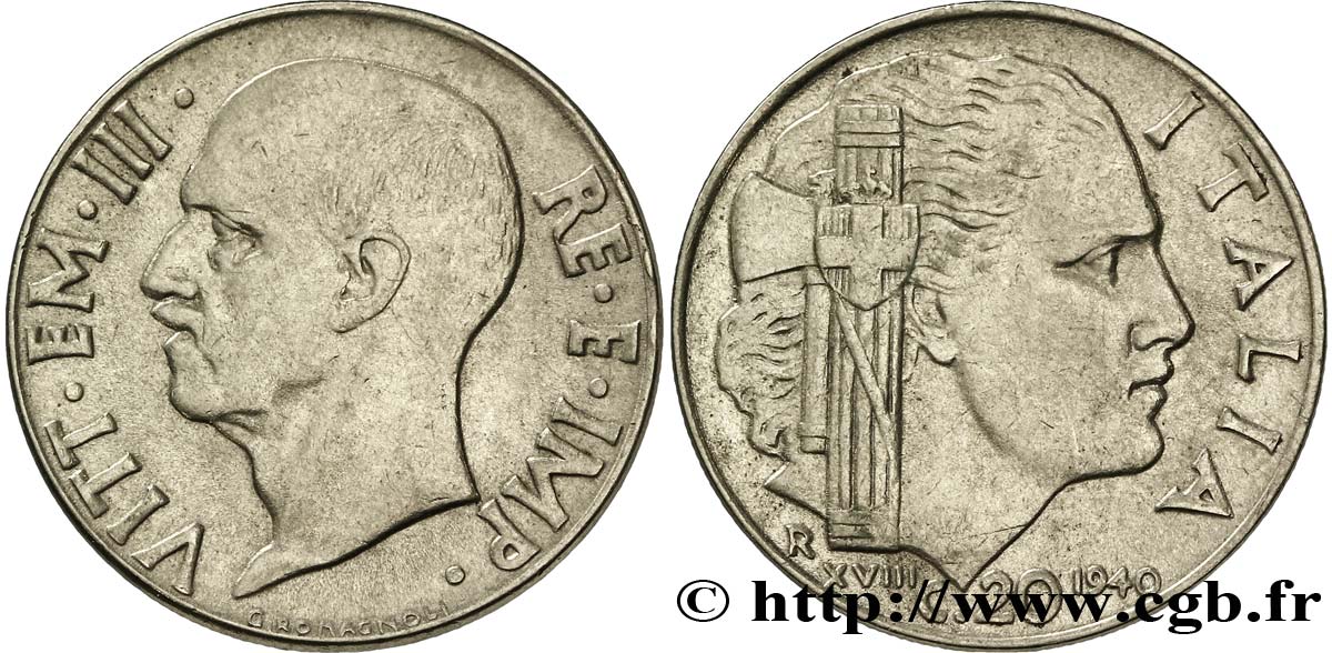 ITALIA 20 Centesimi roi Victor-Emmanuel III / allégorie de l’Italie et faisceau an XVIII 1940 Rome - R SPL 