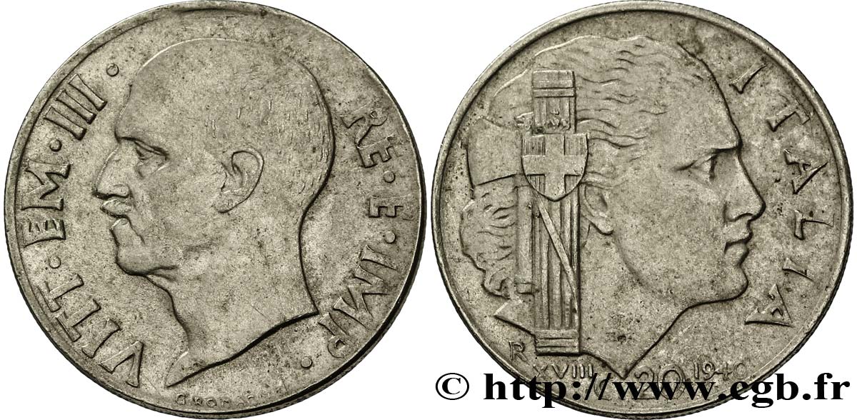 ITALIA 20 Centesimi roi Victor-Emmanuel III / allégorie de l’Italie et faisceau an XVIII 1940 Rome - R BB 