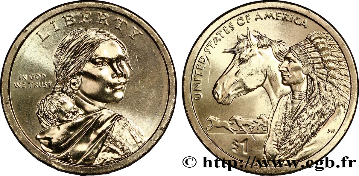 STATI UNITI D AMERICA 1 Dollar Sacagawea / indien et chevaux  type tranche A 2012 Denver MS 