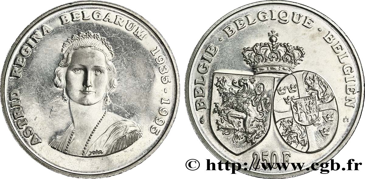 BELGIEN 250 Francs Proof mort de la reine Astrid 1995 Bruxelles VZ 