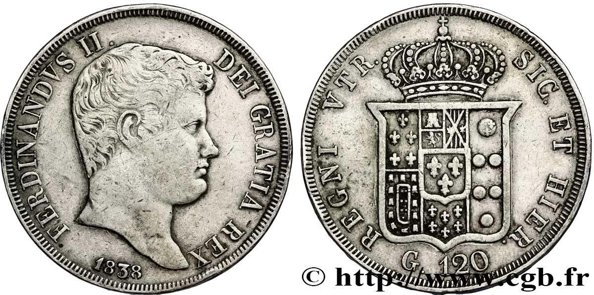 ITALIA - REINO DE LAS DOS SICILIAS 120 Grana Ferdinand II, roi de Naples et Sicile 1838 Naples MBC 