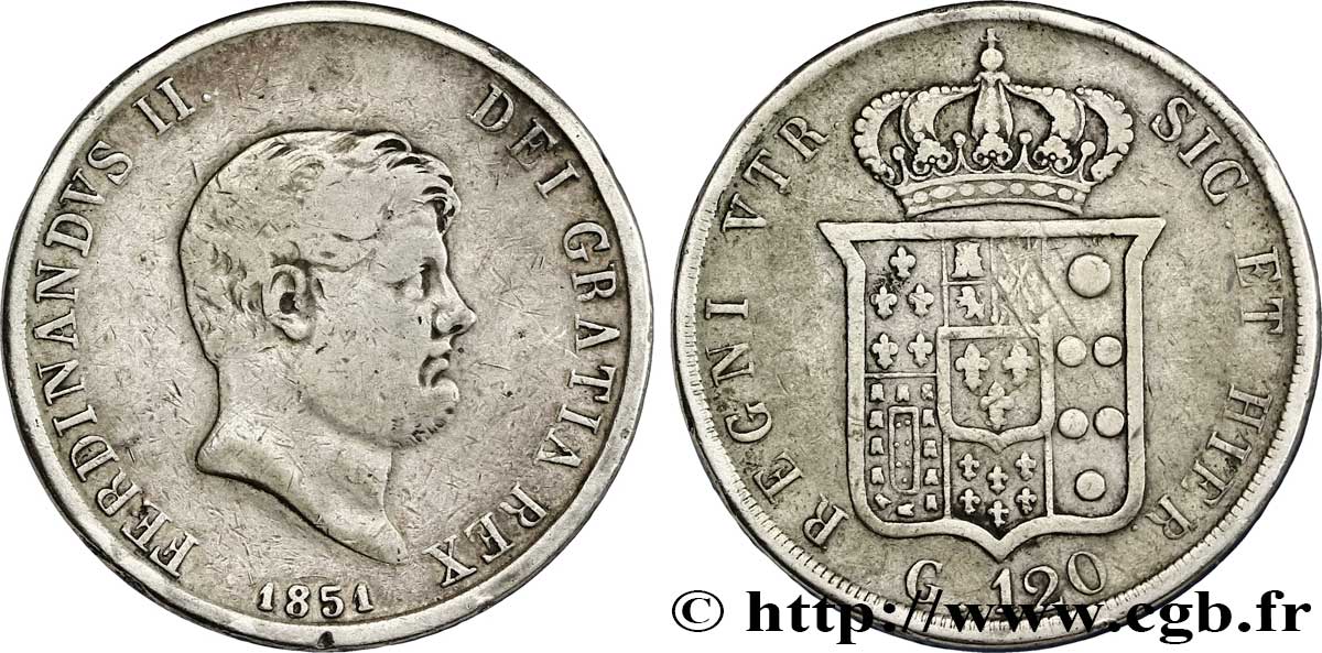 ITALIA - REINO DE LAS DOS SICILIAS 120 Grana Royaume des Deux-Siciles, Ferdinand II / écu couronné 1851 Naples BC 