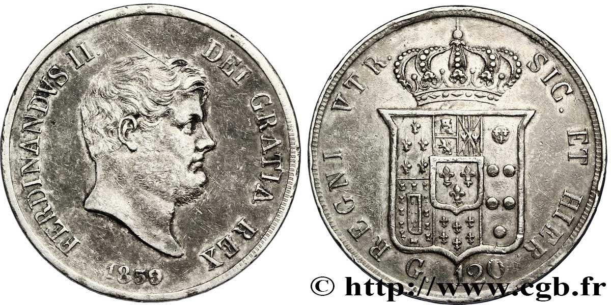 ITALIA - REINO DE LAS DOS SICILIAS 120 Grana Ferdinand II, roi de Naples et Sicile 1859 Naples MBC 