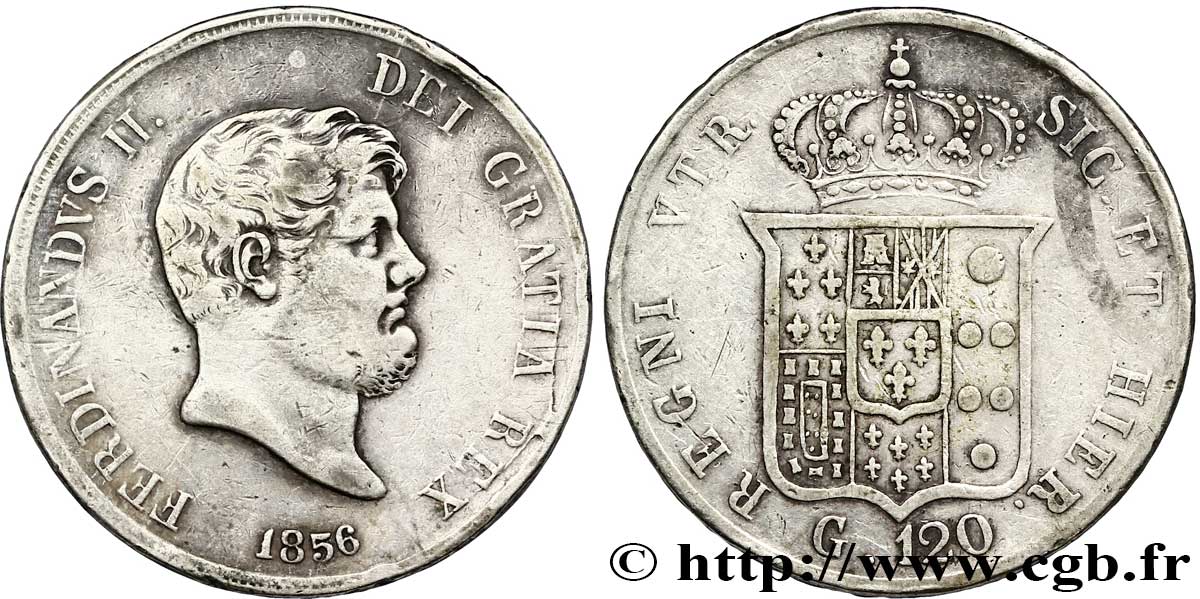 ITALIA - REINO DE LAS DOS SICILIAS 120 Grana Ferdinand II, roi de Naples et Sicile 1856 Naples BC+ 
