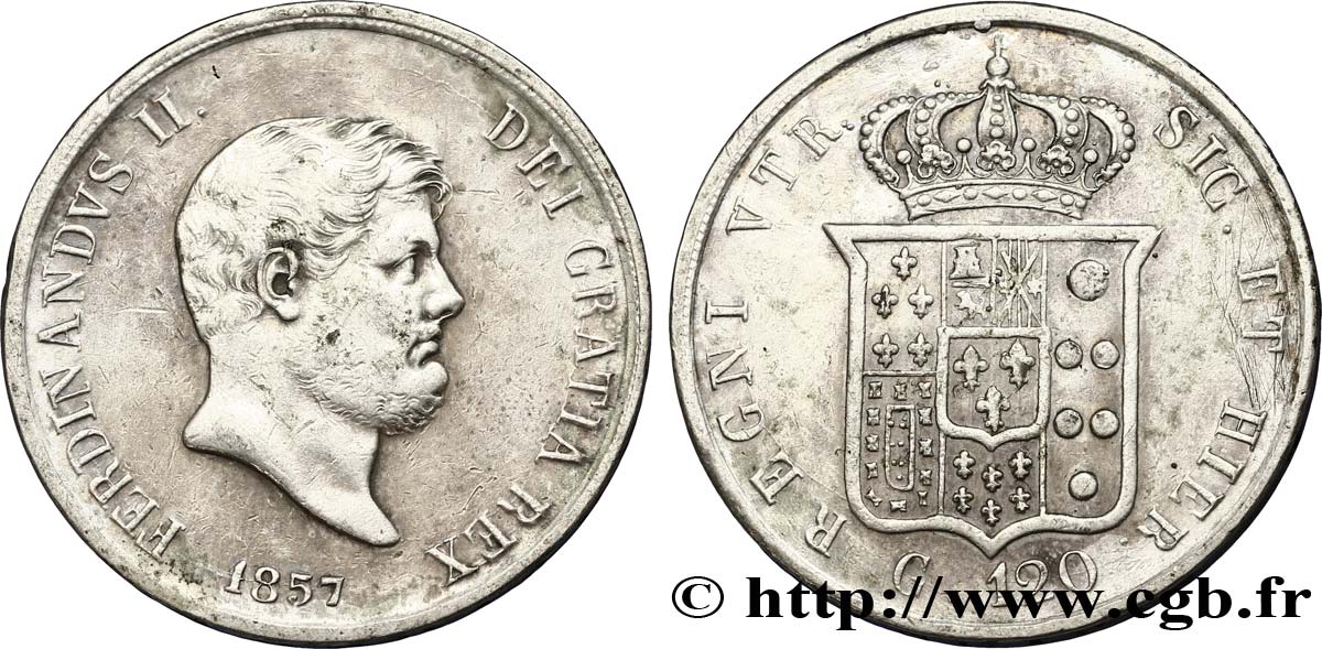ITALIA - REINO DE LAS DOS SICILIAS 120 Grana Ferdinand II, roi de Naples et Sicile 1857 Naples MBC 