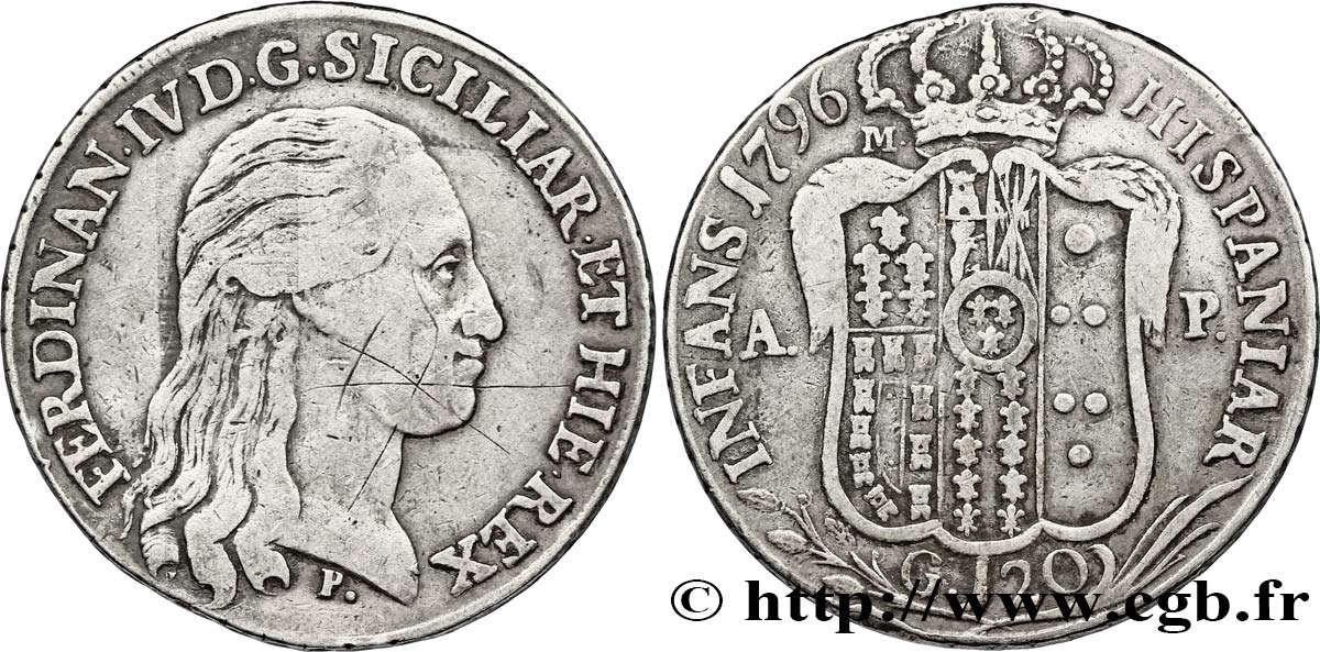 ITALY - KINGDOM OF NAPLES 1 Piastre de 120 Grana Ferdinand IV de Bourbon 1796 Naples VF 