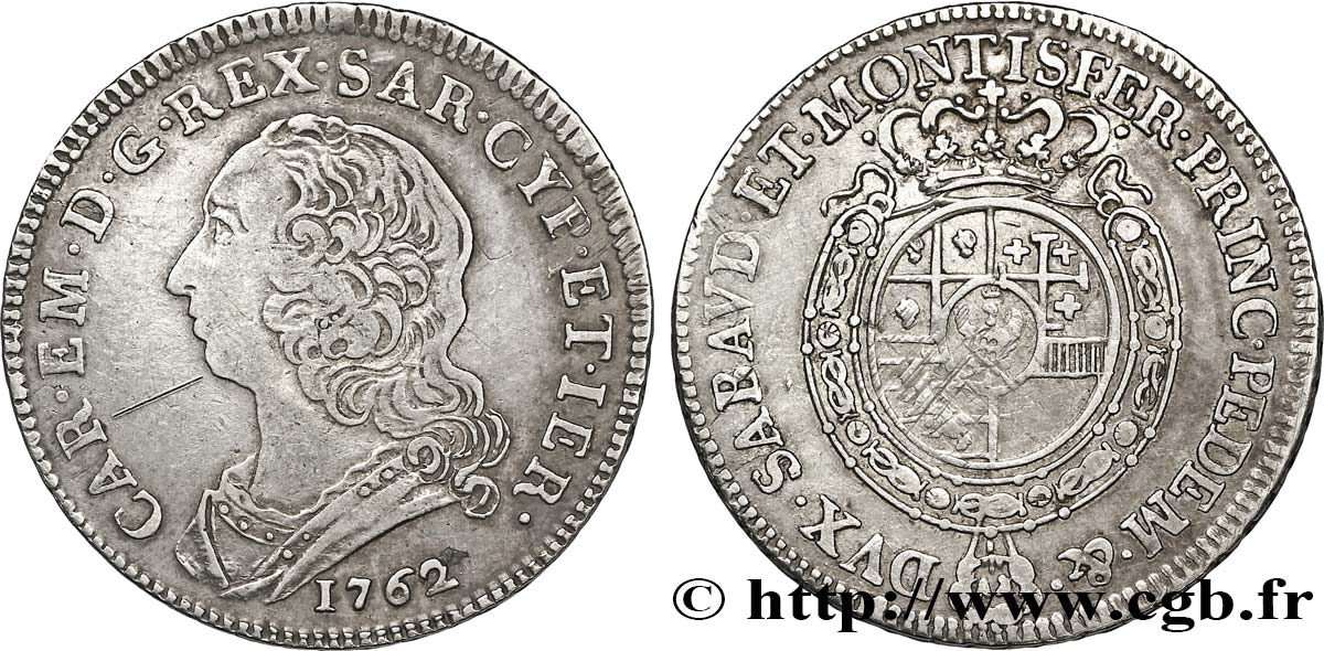 ITALY - KINGDOM OF SARDINIA - CHARLES-EMMANUEL III 1/2 Scudo 1762 Turin XF 