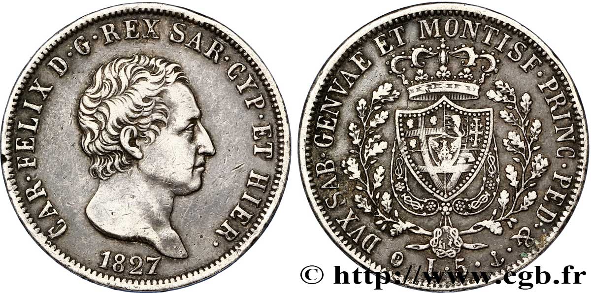 ITALIEN - KÖNIGREICH SARDINIEN 5 Lire Charles Félix, roi de Sardaigne 1827 Gênes SS 