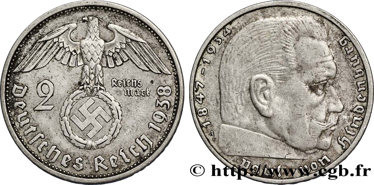 ALEMANIA 2 Reichsmark aigle surmontant une swastika / Maréchal Paul von Hindenburg 1938 Berlin MBC 
