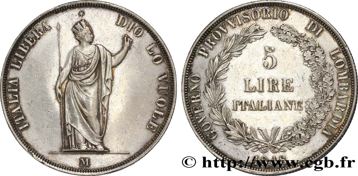 ITALY - LOMBARDY 5 Lire Gouvernement provisoire de Lombardie 1848 Milan AU 