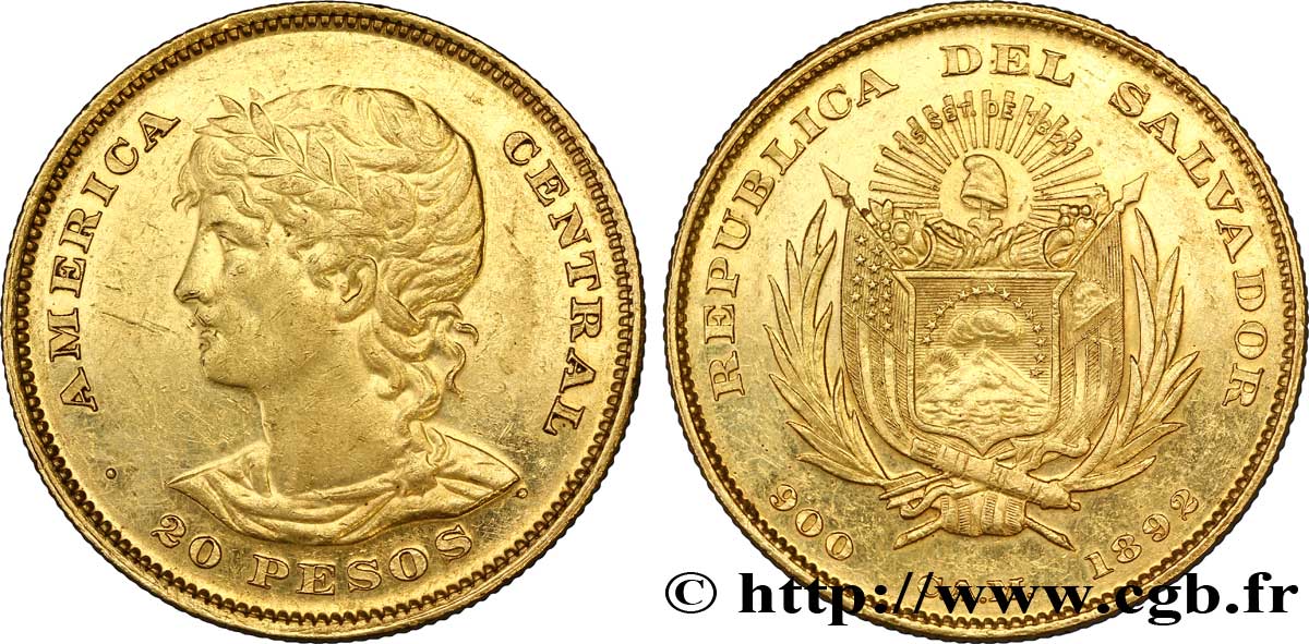 REPUBLIC OF EL SALVADOR 20 Pesos or 1892 San Salvador XF 