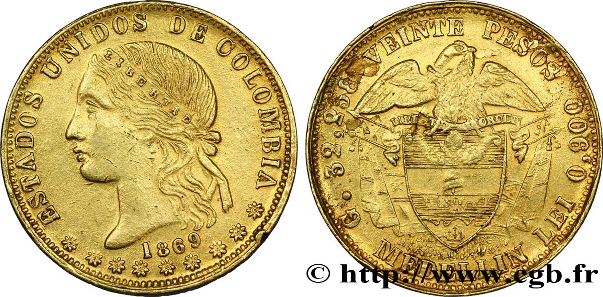 COLOMBIE - RÉPUBLIQUE DE NOUVELLE GRENADE 20 Pesos en or 1869 Medellin TTB 