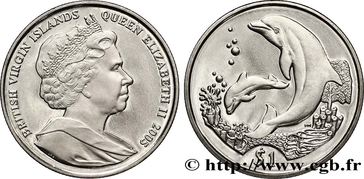 BRITISCHE JUNGFERNINSELN 1 Dollar ‘proof’ Elisabeth II / dauphins 2005  fST 