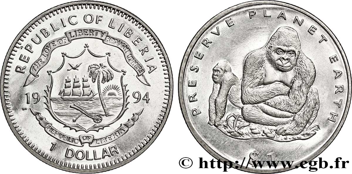 LIBERIA 1 Dollar armes / gorilles 1994  fST 