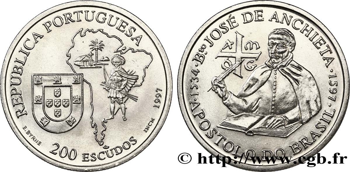 PORTUGAL 200 Escudos Jésuite José de Anchieta / carte de l’Amérique du Sud 1997  MS 