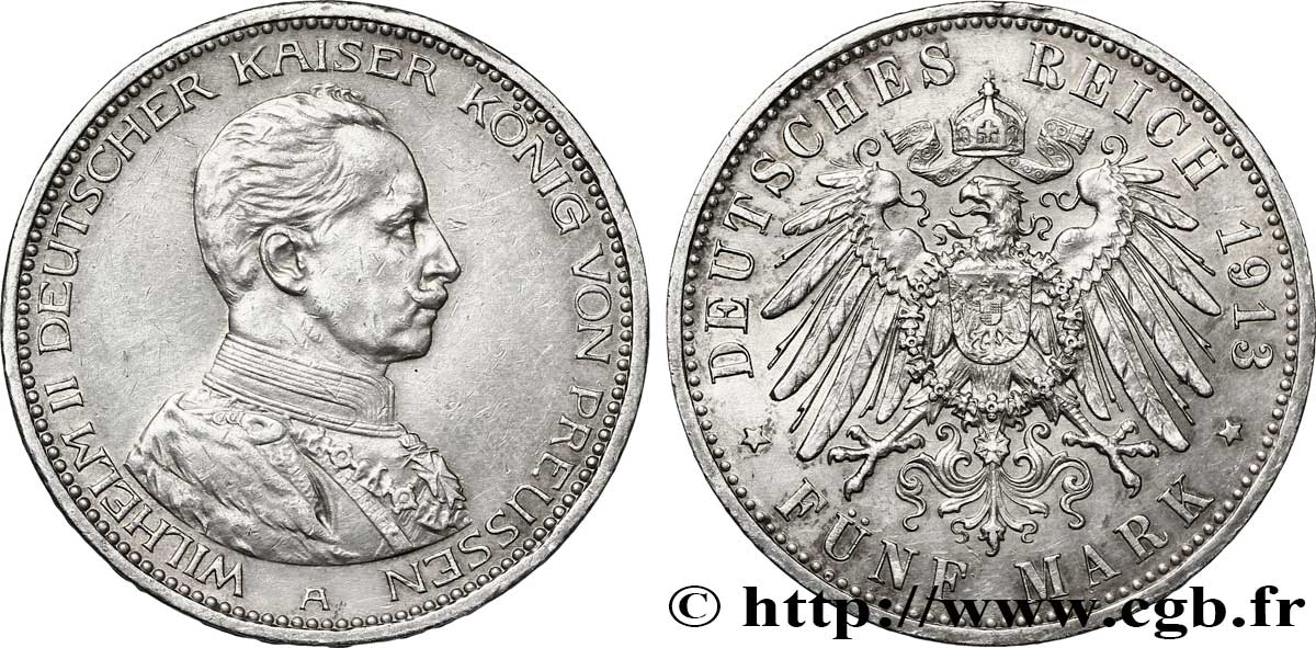 GERMANIA - PRUSSIA 5 Mark Guillaume II 1913 Berlin SPL 