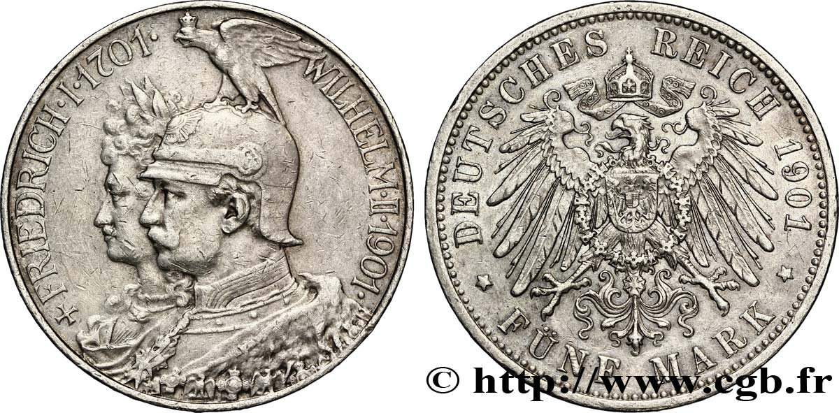 ALEMANIA - PRUSIA 5 Mark Guillaume II 200e anniversaire de la Prusse 1901 Berlin MBC+ 