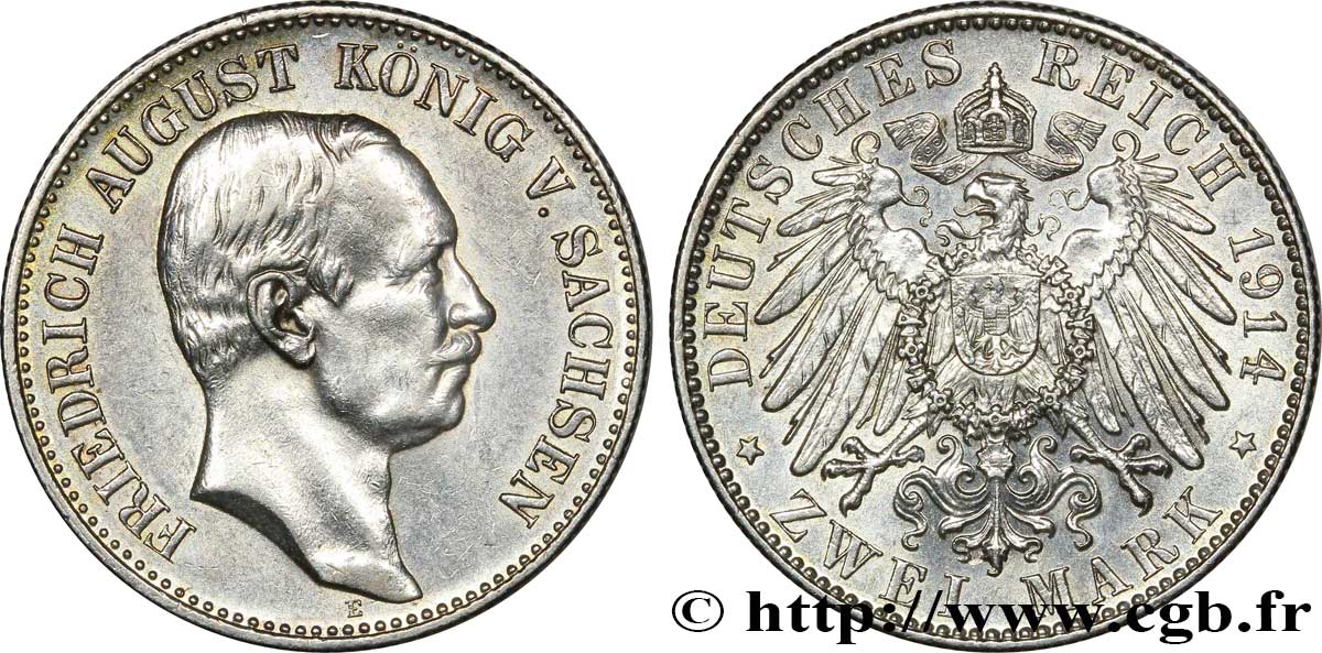 DEUTSCHLAND - SACHSEN 2 Mark Royaume de Saxe, roi Frédéric-Auguste / aigle impérial 1914 Muldenhütten - E VZ 