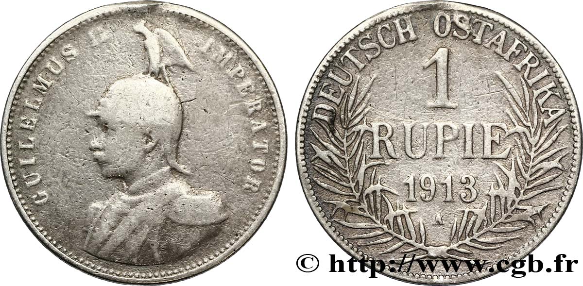 GERMAN EAST AFRICA 1 Rupie (Roupie) Guillaume II Deutsch-Ostafrica 1913 Berlin VG 