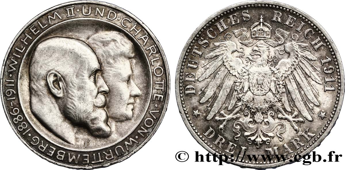 GERMANIA - WÜRTEMBERG 3 Mark Royaume du Württemberg - Guillaume II et Charlotte / aigle 1911 Stuttgart - F SPL 
