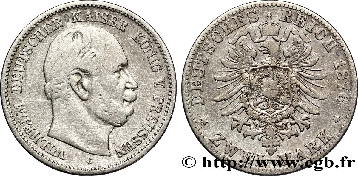 ALLEMAGNE - PRUSSE 2 Mark royaume de Prusse Guillaume Ier, 1e type / aigle héraldique 1876 Francfort - C TB 