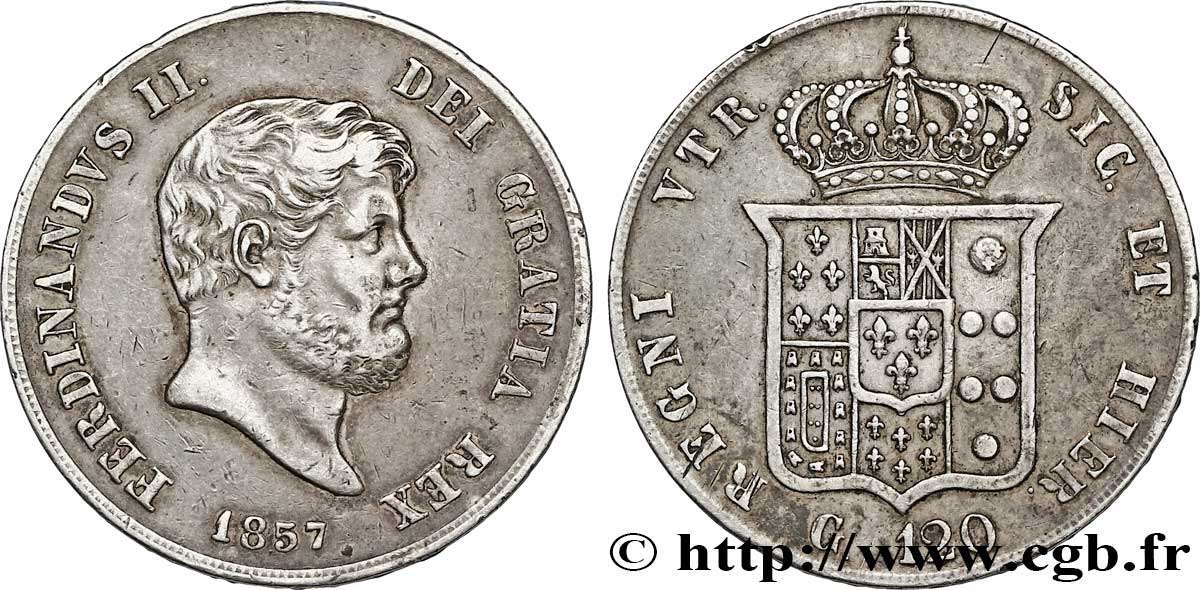 ITALIA - REINO DE LAS DOS SICILIAS 120 Grana Ferdinand II, roi de Naples et Sicile 1857 Naples MBC 