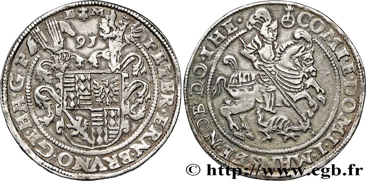 ALEMANIA - MANSFELD 1 Thaler lignée Friedeburg St Georges terrassant le dragon / armes 1591  MBC 