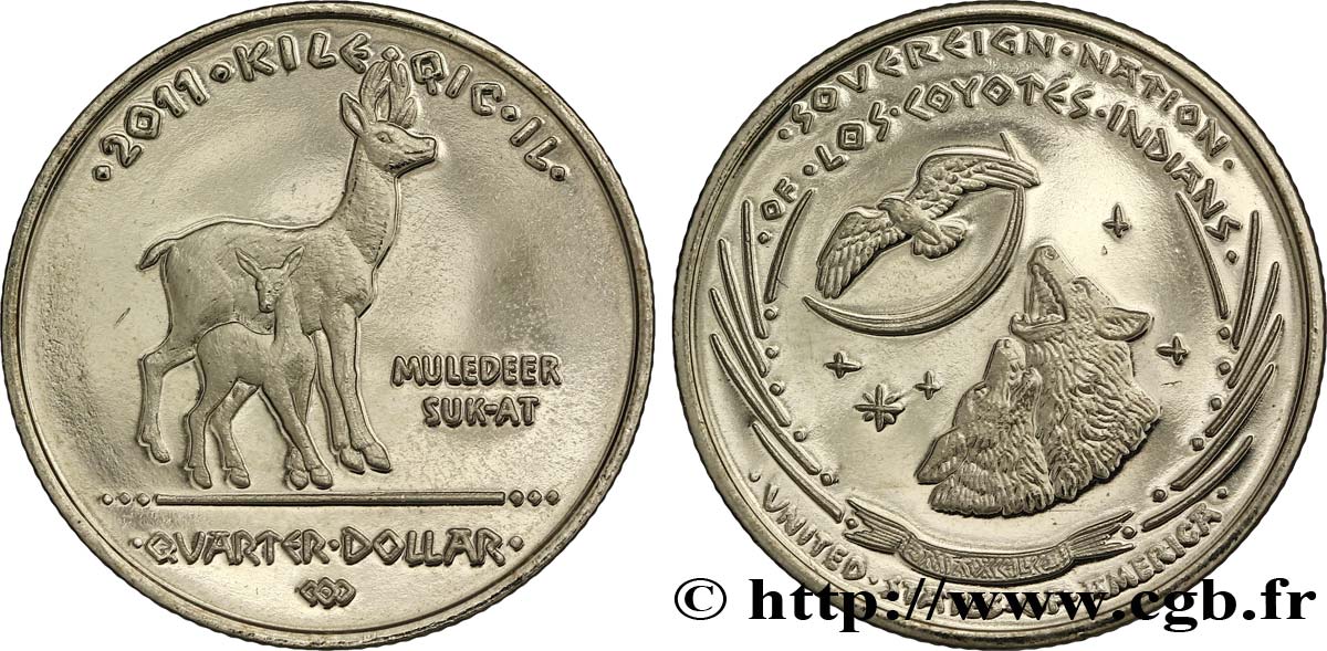UNITED STATES OF AMERICA - Native Tribes 1/4 Dollar Proof Nation souveraine de Los Coyotes : cerf mulet et faon 2011  MS 