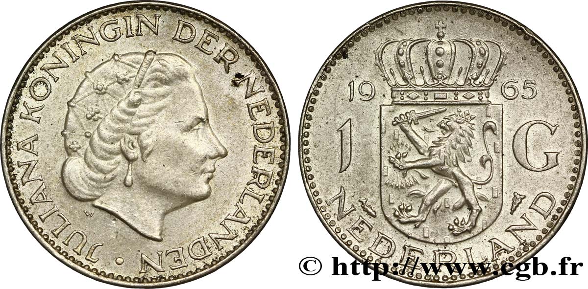 NETHERLANDS 1 Gulden Juliana 1965  AU 