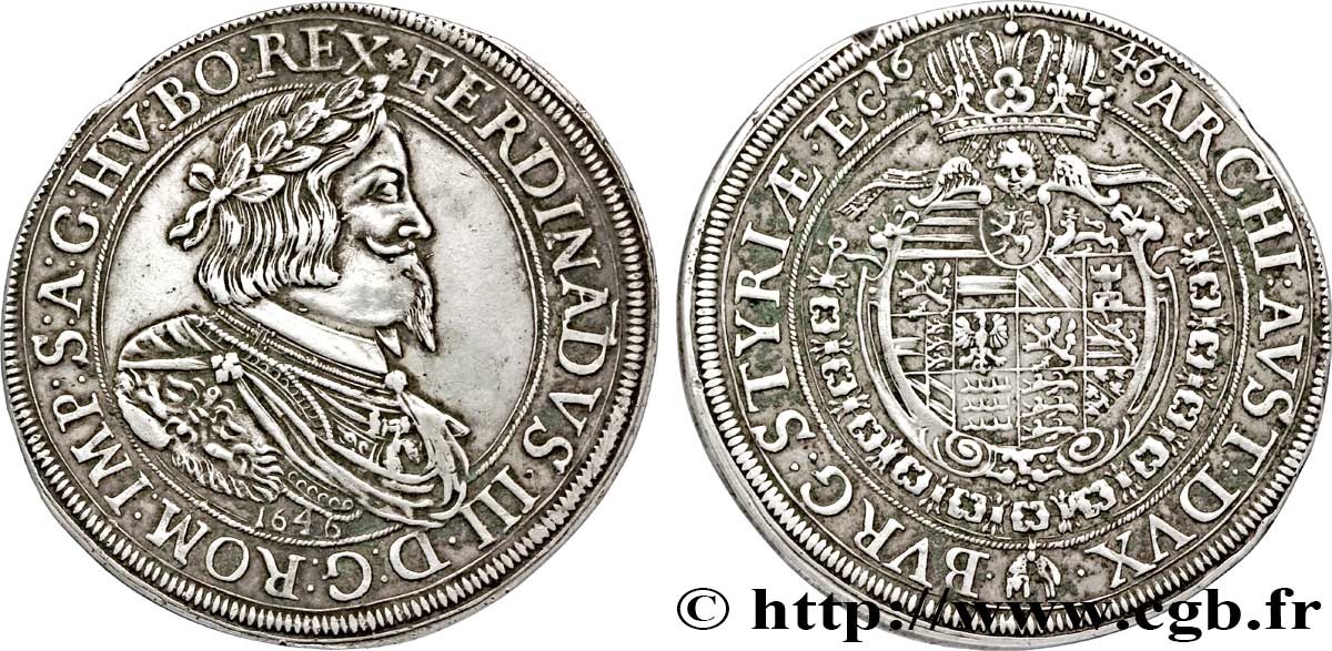 ÖSTERREICH 1 Thaler Empereur Ferdinand III / armes couronnées 1646 Graz VZ 