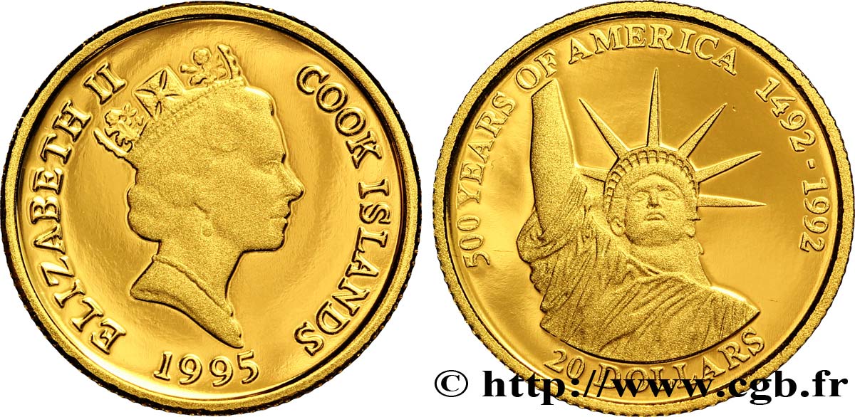 ISOLE COOK 20 Dollars Proof Elisabeth II 500e anniversaire de la découverte de l’Amérique, Statut de la Liberté 1995  FDC 