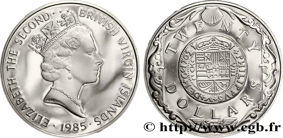 ISLAS VíRGENES BRITáNICAS 20 Dollars Proof Elisabeth II / monnaie d’or de Philippe V 1985  SC 