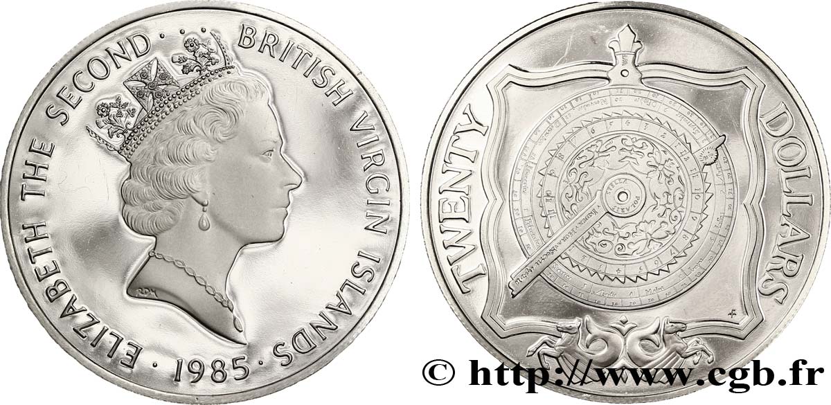 BRITISCHE JUNGFERNINSELN 20 Dollars Proof Elisabeth II / nocturlabe 1985  fST 