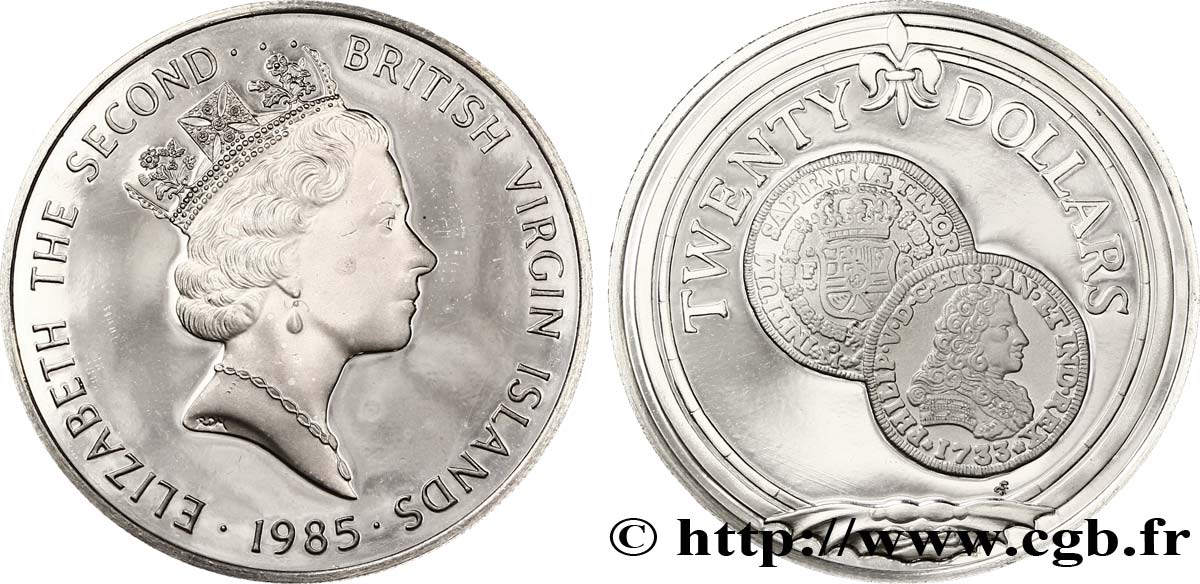 BRITISCHE JUNGFERNINSELN 20 Dollars Proof Elisabeth II / monnaie de 8 Escudos 1985  fST 