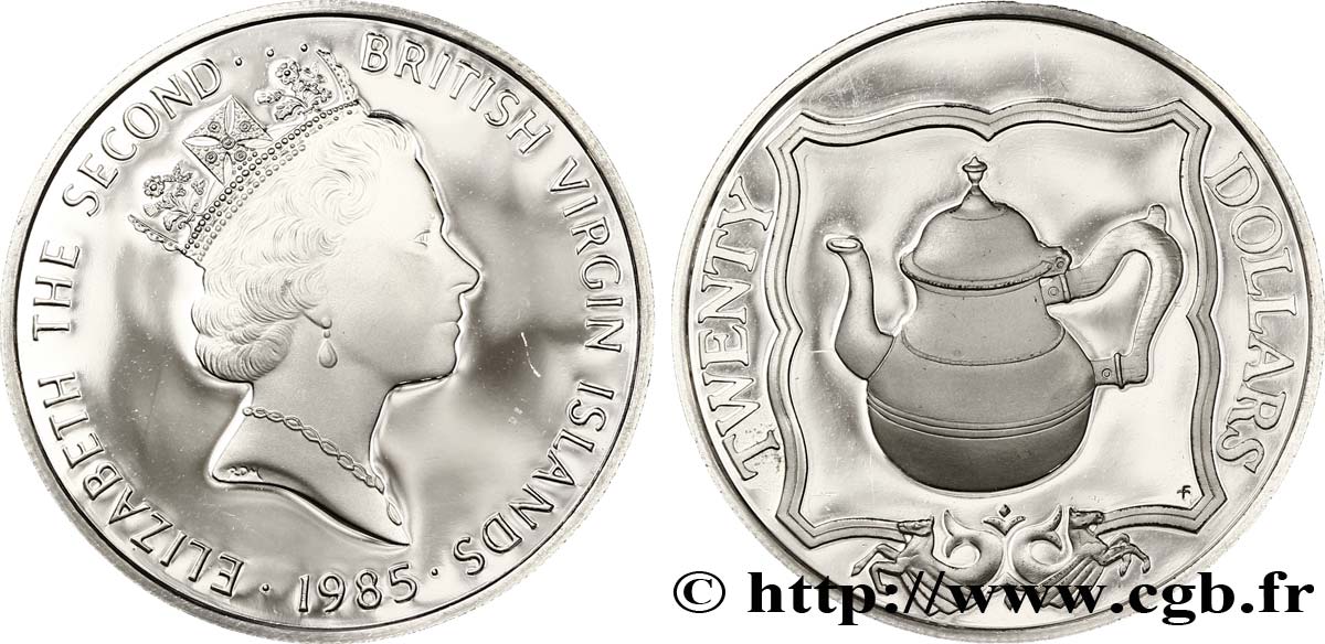 BRITISCHE JUNGFERNINSELN 20 Dollars Proof Elisabeth II / théière 1985  fST 