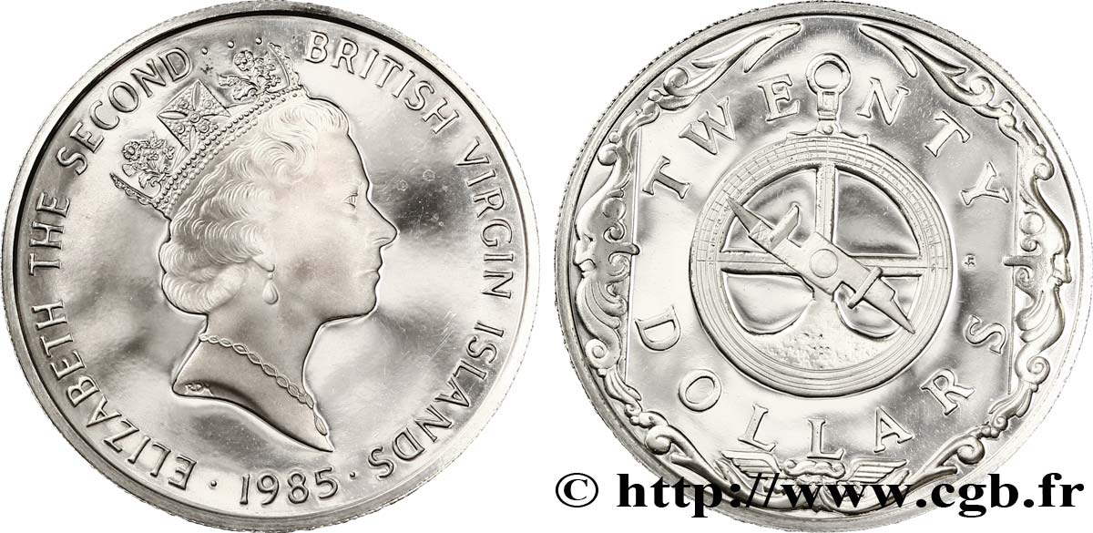 BRITISCHE JUNGFERNINSELN 20 Dollars Proof Elisabeth II / astrolabe 1985  fST 