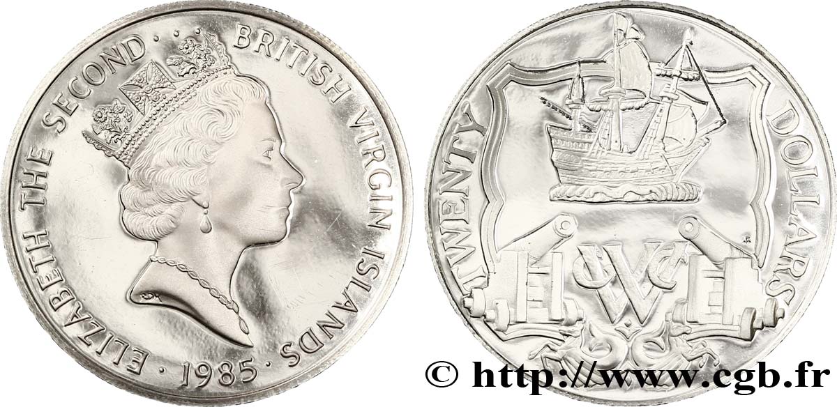 BRITISCHE JUNGFERNINSELN 20 Dollars Proof Elisabeth II / voilier et canons hollandais 1985  fST 
