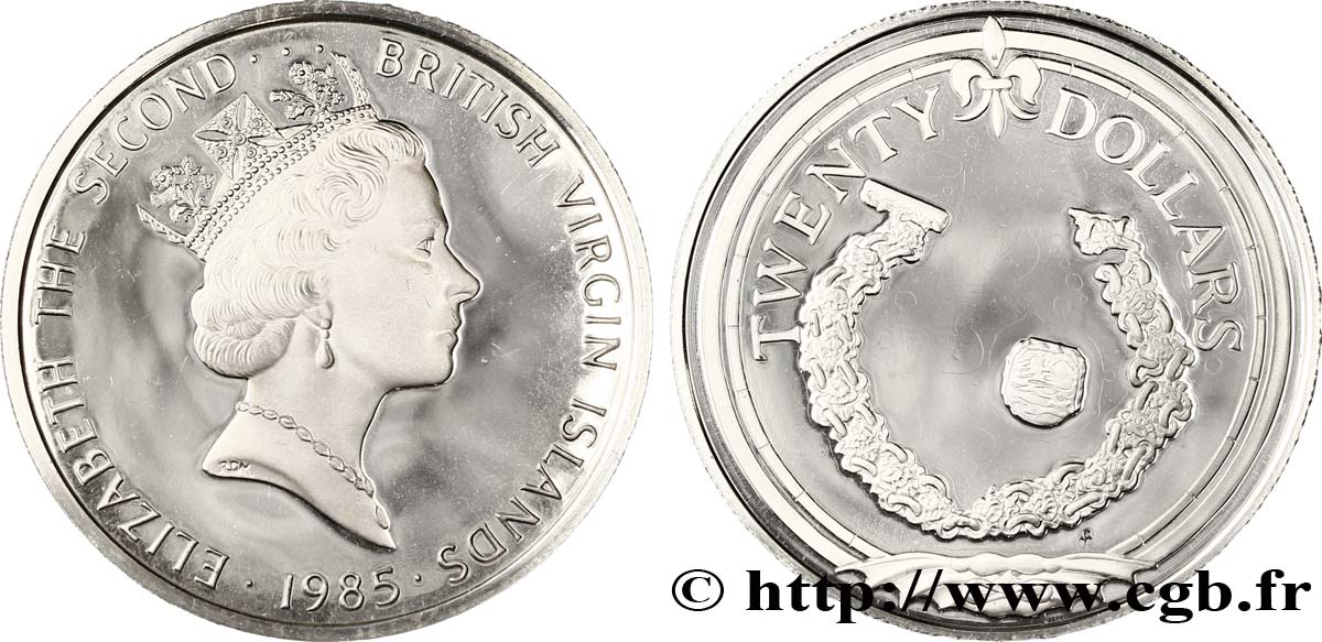 ISLAS VíRGENES BRITáNICAS 20 Dollars Proof Elisabeth II / bracelet et bouton 1985  SC 