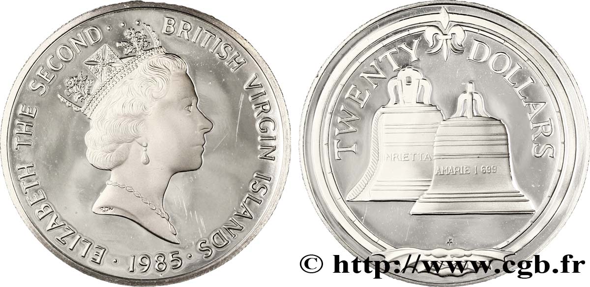 BRITISH VIRGIN ISLANDS 20 Dollars Proof Elisabeth II / cloches 1985  MS 