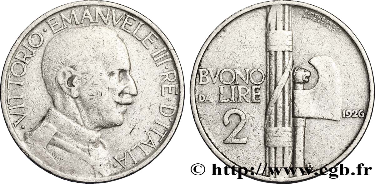 ITALY Bon pour 2 Lire (Buono da Lire 2) Victor Emmanuel III / faisceau de licteur 1926 Rome - R VF 