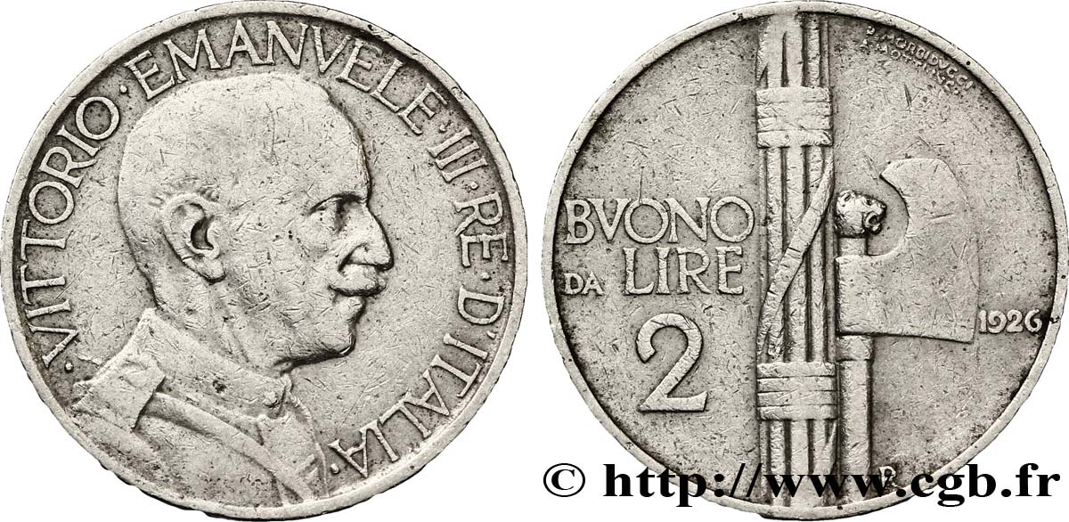 ITALY Bon pour 2 Lire (Buono da Lire 2) Victor Emmanuel III / faisceau de licteur 1926 Rome - R VF 