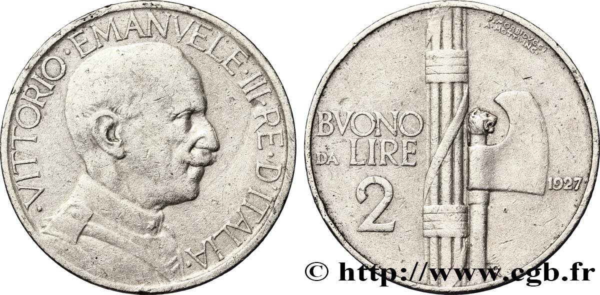 ITALIEN Bon pour 2 Lire (Buono da Lire 2) Victor Emmanuel III / faisceau de licteur 1927 Rome - R fSS 