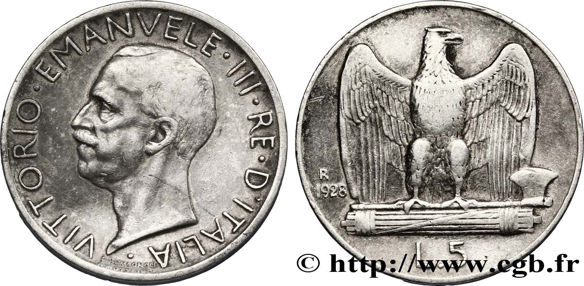 ITALY 5 Lire Victor Emmanuel III 1928 Rome - R XF 