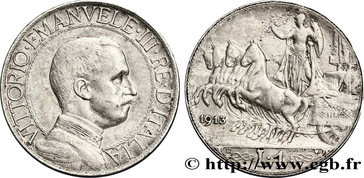 ITALIE 1 Lire Victor Emmanuel III / quadrige 1er type 1913 Rome - R TTB+ 