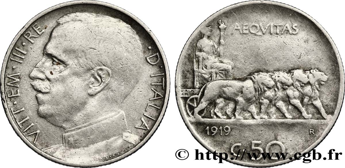 ITALIA 50 Centesimi  Victor Emmanuel III en uniforme / allégorie de l’Italie et 4 lions 1919 Rome - R MBC 