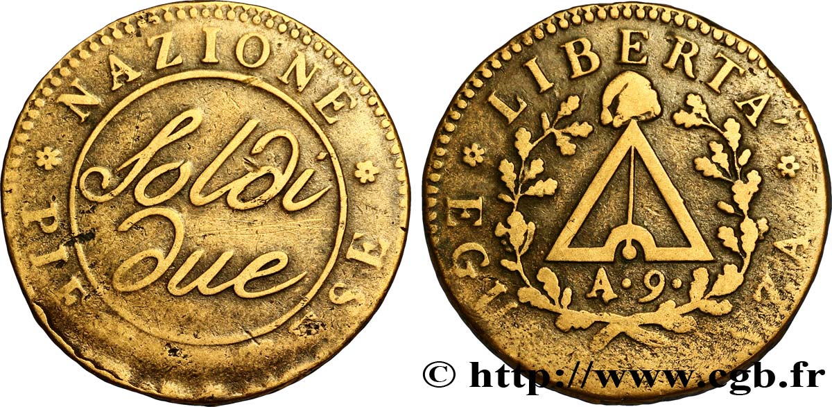ITALIA - REPUBBLICA SUBALPINA 2 Soldi Piémont an 9 1801 Turin q.BB 