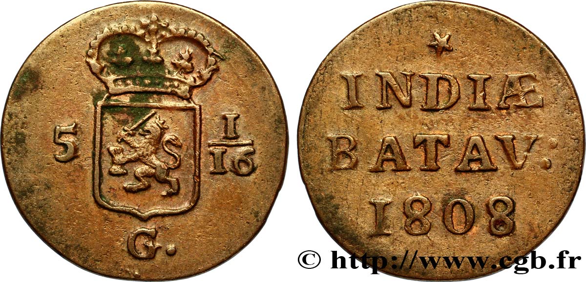INDIAS NEERLANDESAS 5 1/16 Gulden (1 Duit) écu couronné des Pays-Bas 1808 Enkhuizen MBC 