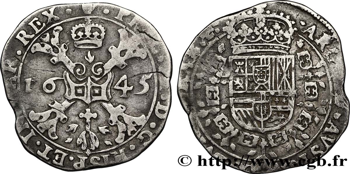 BELGIUM - SPANISH NETHERLANDS 1/4 (Quart de) Patagon pour Philippe IV 1645 Anvers XF 