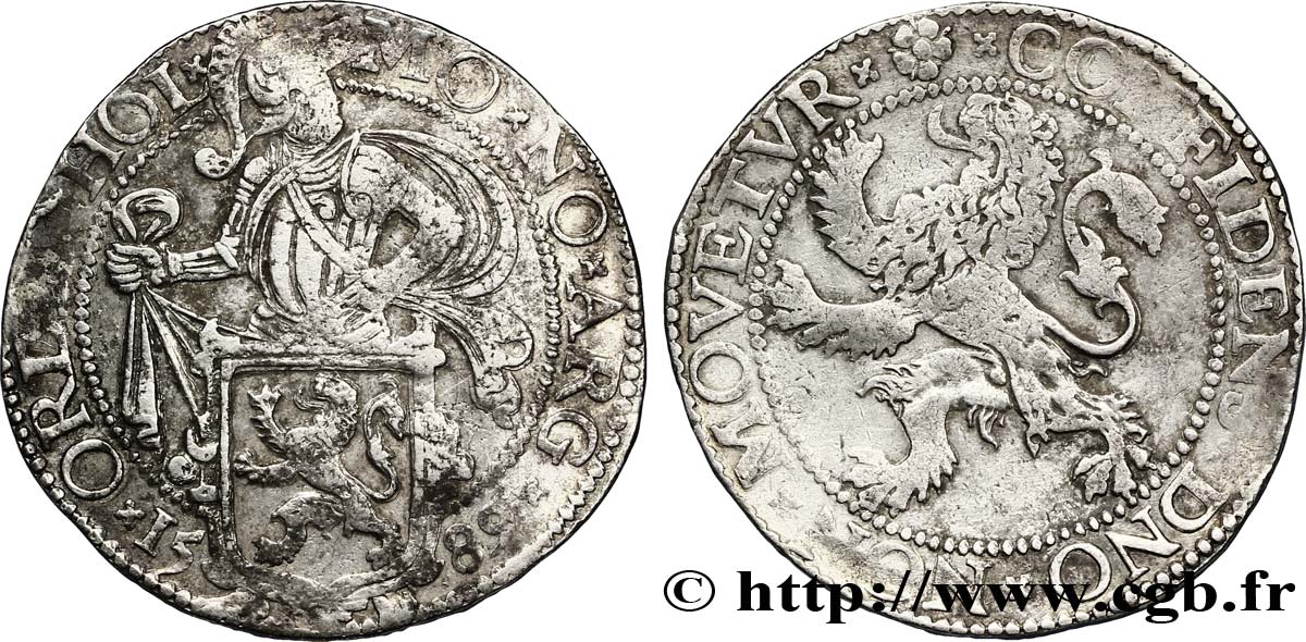 NETHERLANDS - UNITED PROVINCES 1 Daldre ou écu au lion - Hollande surfrappe 9/5 1589 Dordrecht VF 