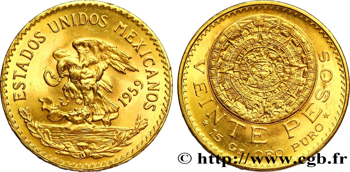 MEXIQUE 20 Pesos or Aigle du Mexique / la “Pierre du Soleil” (calendrier aztèque) 1959 Mexico SPL 